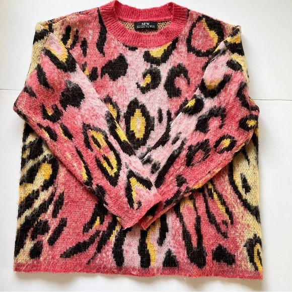 SFW Crew Neck Sweater  Ombre Pink Animal Cheetah Print Fuzzy Wool Blend Sz L - Picture 8 of 13